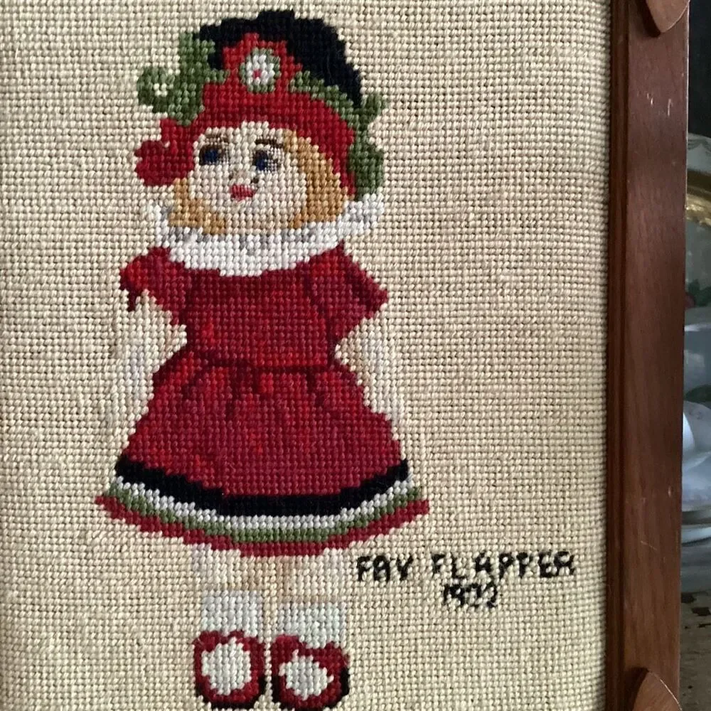 Vintage Needlepoint Sailor Boy Brockner and Girl Fay Flapper Custom Oak Frames